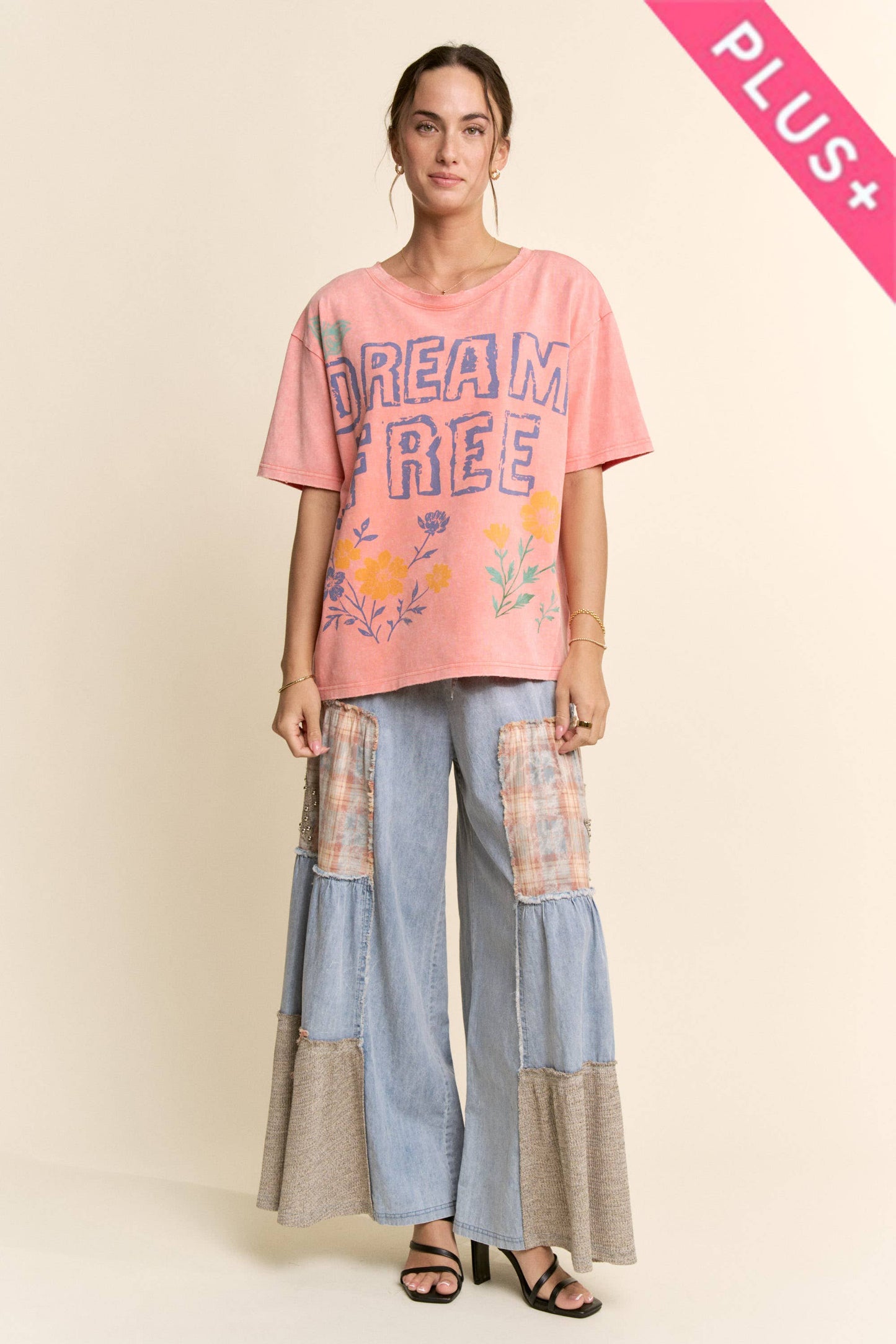 Davi & Dani - DENIM LACE BLOCKED WIDE LEG PANTS