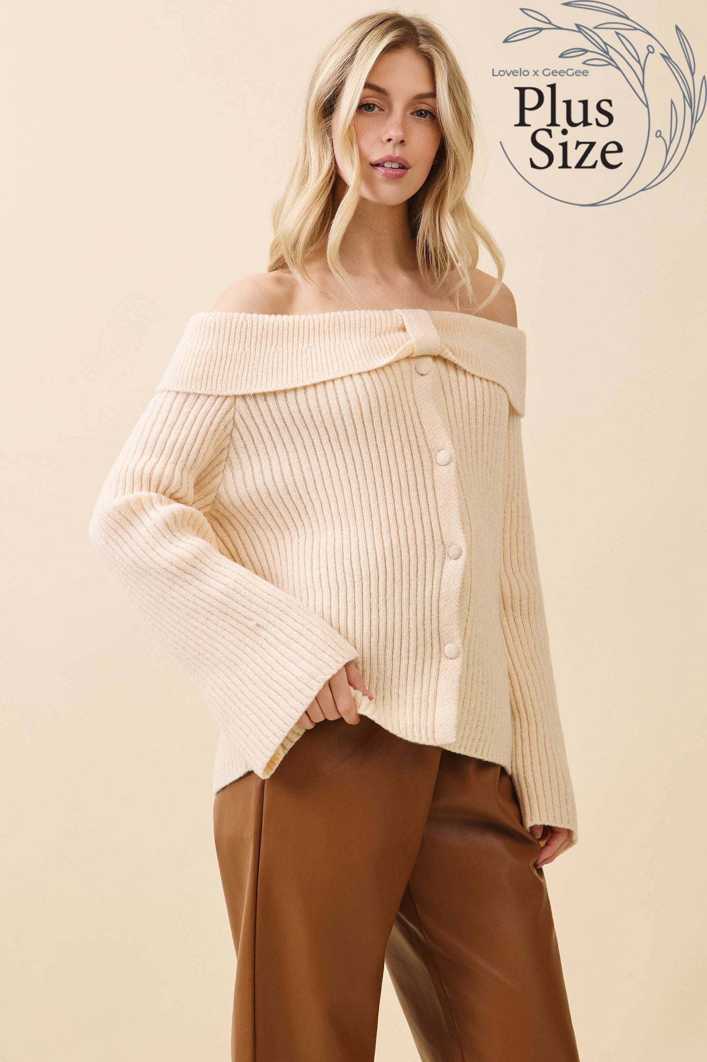 Cream- Curvy Elegant Off-Shoulder Ribbed Knit Top