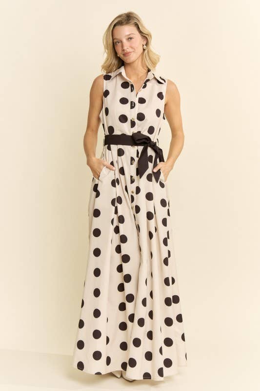 IVORY-POLKA DOT BUTTON DOWN BELTED SLEEVELESS SHIRT DRESS
