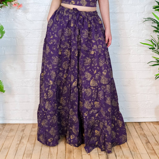 Purple Flowy Tiered Mushroom Boho Skirt with Pockets