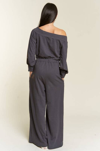 Curvy Line Off Shoulder Terry Knit Jumpsuit