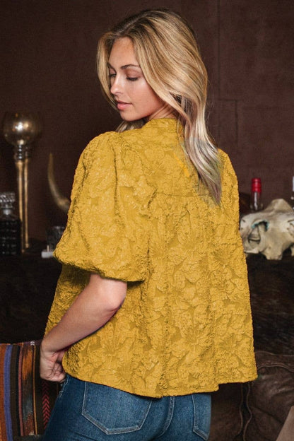 Plus Floral Jacquard Balloon Sleeve Blouse: Golden Olive