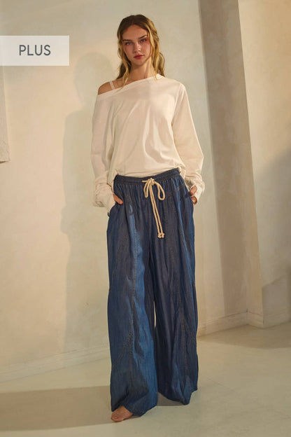 Chambray Dark Denim Wide Palazzo Pants