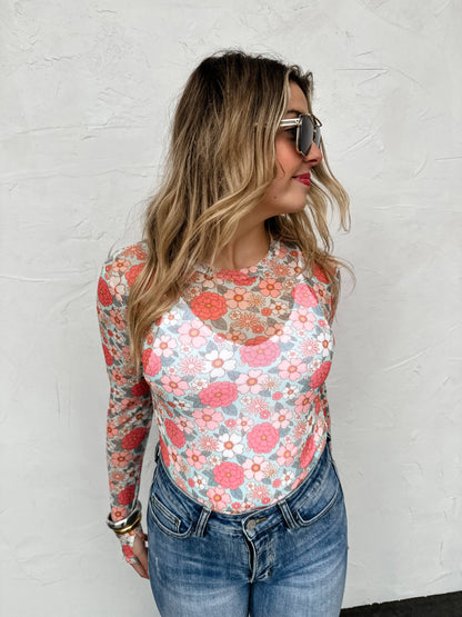 BLAKELEY - PINK VINTAGE FLORAL MESH TOPS