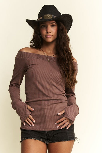 Brown- Curvy Solid Ribbed Off Shoulder Top