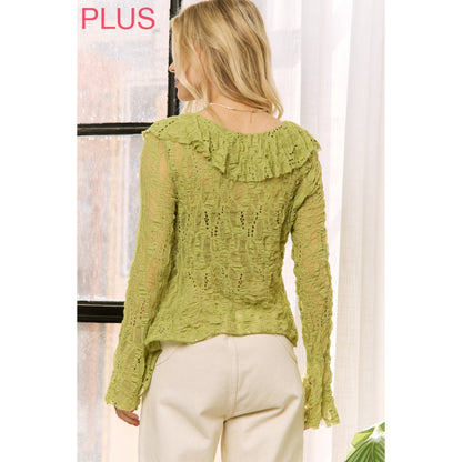 Sweet Generis - LIME GREEN LACE RUFFLE V-NECKLINE TOP WITH LONG SLEEVES