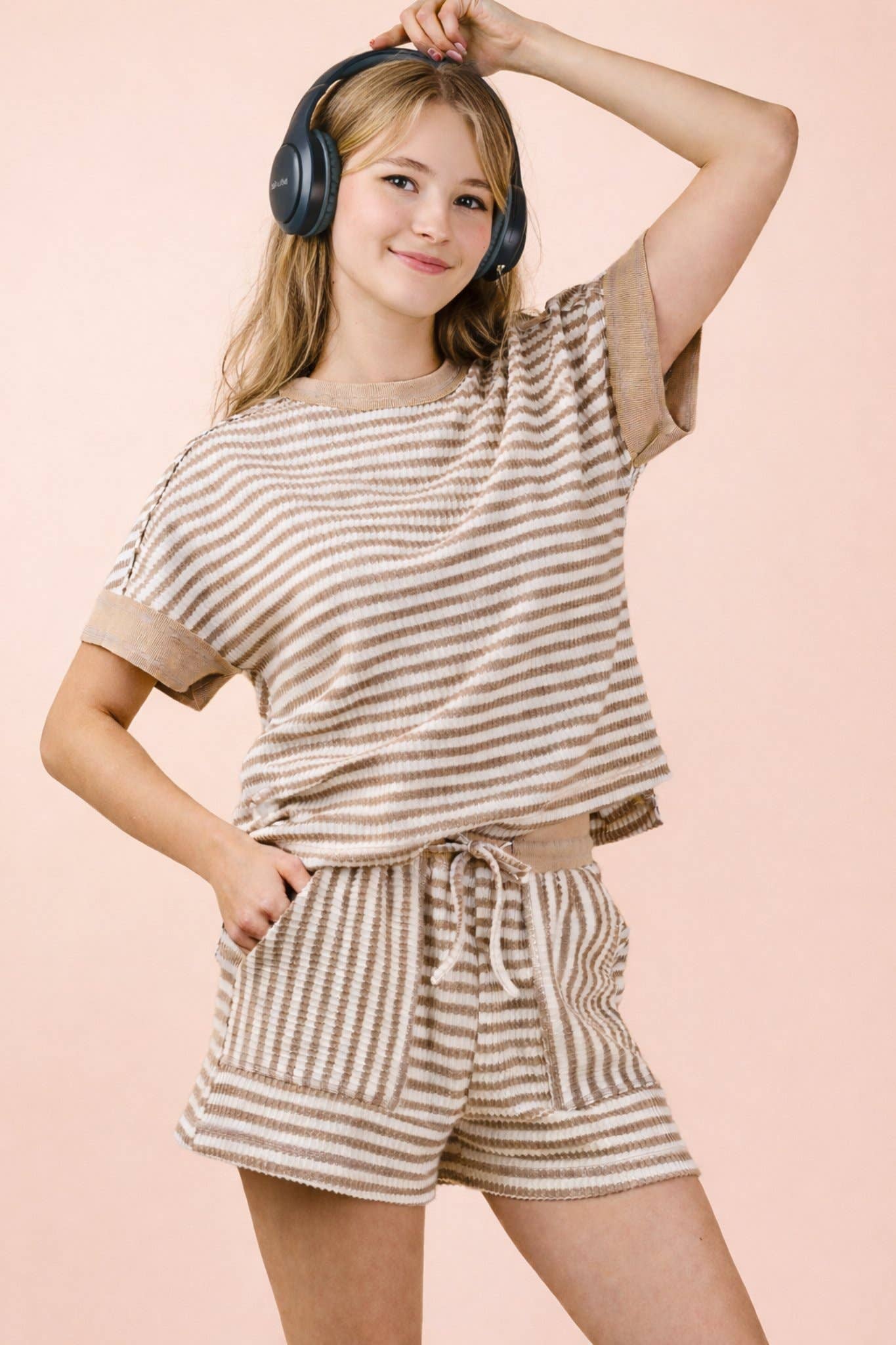 White/Oatmeal Striped Comfy Knit Top & Shorts Set