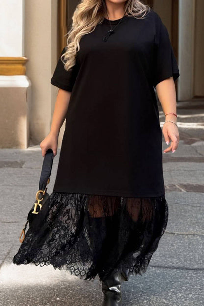 LALA LOO - Black Lace Trim T-Shirt Midi Dress