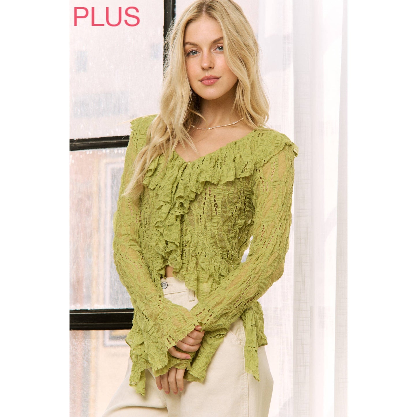 Sweet Generis - LIME GREEN LACE RUFFLE V-NECKLINE TOP WITH LONG SLEEVES