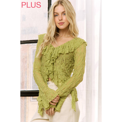 Sweet Generis - LIME GREEN LACE RUFFLE V-NECKLINE TOP WITH LONG SLEEVES