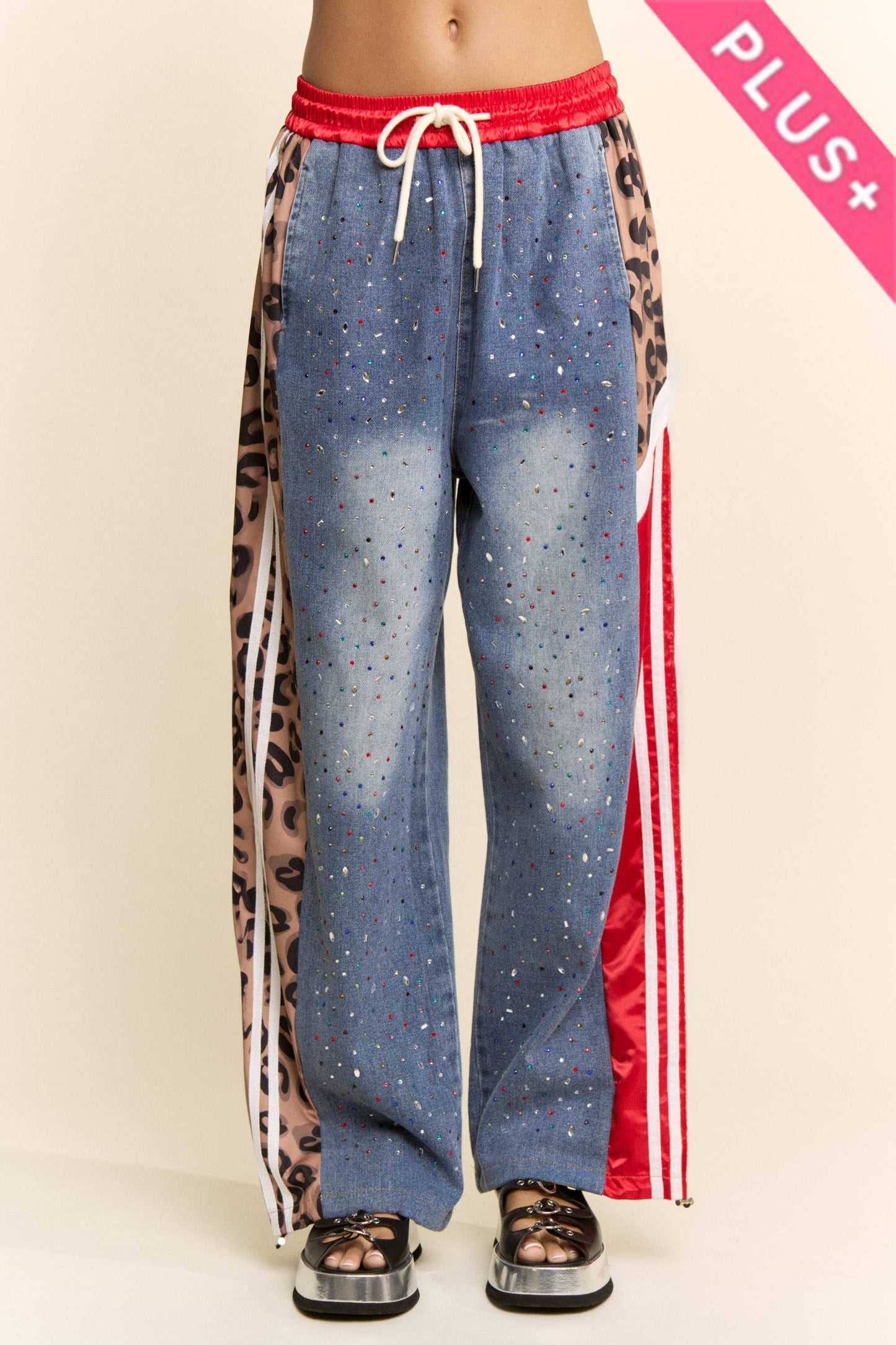 Davi & Dani - PLUS RHINESTONE JOGGERS CRYSTAL DENIM TRACK PANT