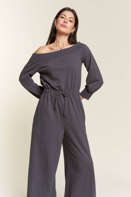 Curvy Line Off Shoulder Terry Knit Jumpsuit