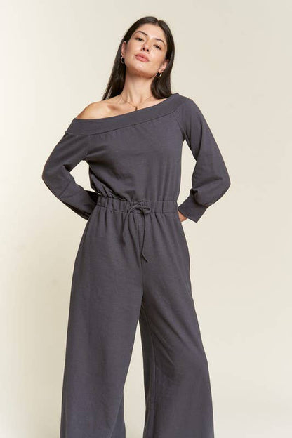 Curvy Line Off Shoulder Terry Knit Jumpsuit
