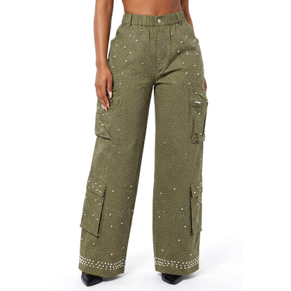 Pearl Embellished High Elastic Waisted Wide-Leg Cargo P