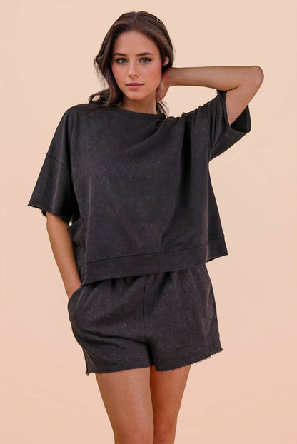 Black Mineral Washed Knit Casual Top & Shorts