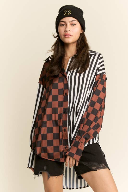 JADE BY JANE - PLUS SIZE SPLIT DECISION CHECKER-STRIPE BLOUSE