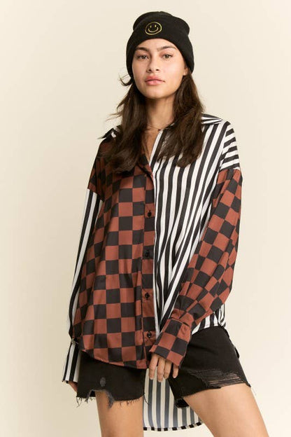 JADE BY JANE - PLUS SIZE SPLIT DECISION CHECKER-STRIPE BLOUSE