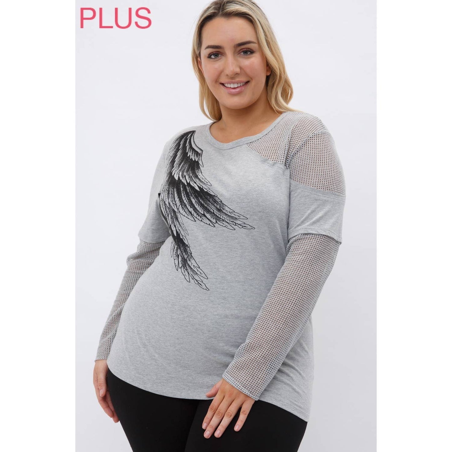 VOCAL - CURVY MESH MULTI MEDIA LONG SLEEVE TOP WITH WINGS