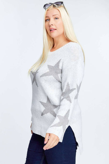 STAR PRINT LONG SLEEVE ROUND NECK SWEATER