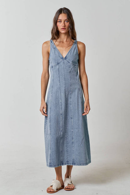 V-Neck Denim Sleevless Maxi Dress