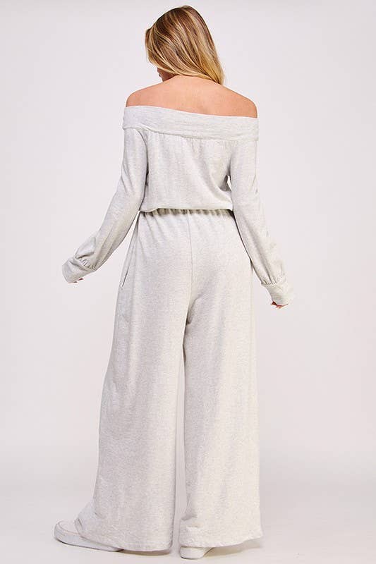 Curvy Line Off Shoulder Terry Knit Jumpsuit