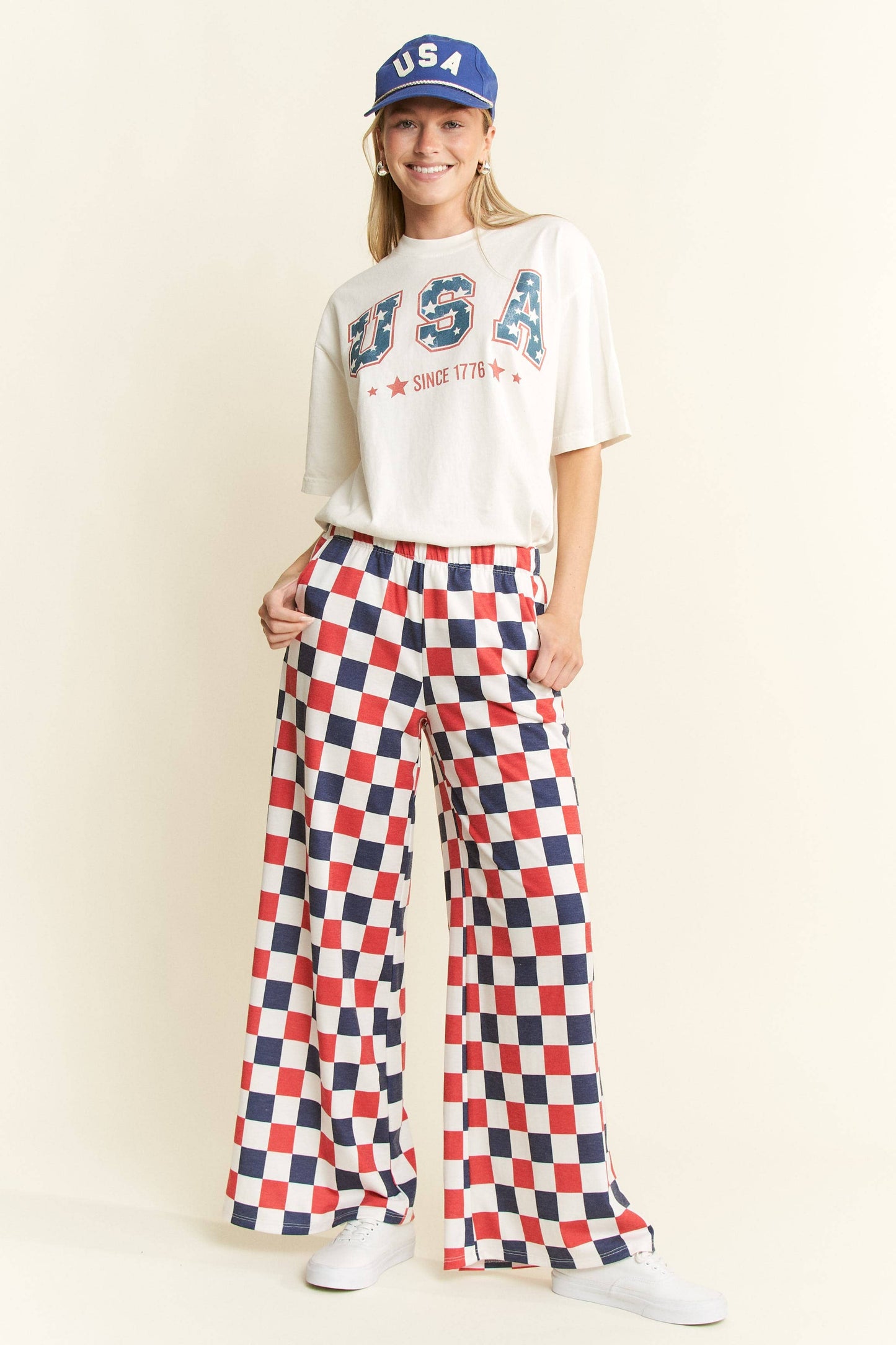 NAVY/WHITE HIGH WAIST CHECKERED KNIT PANTS