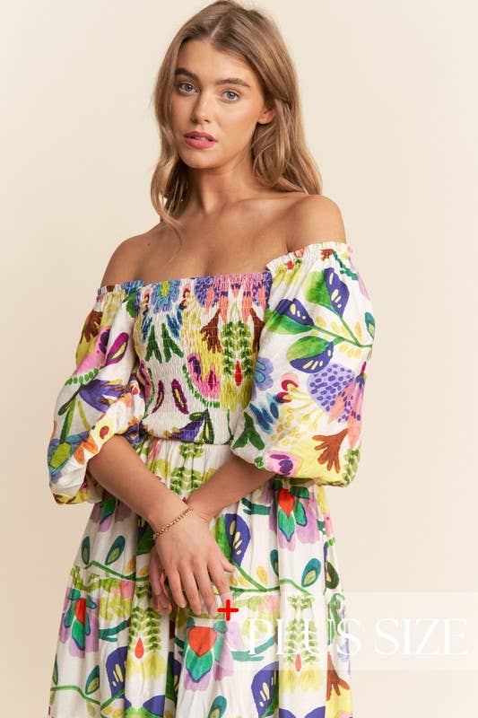J.NNA - Floral Print 3/4 Puff Sleeve Short Dress