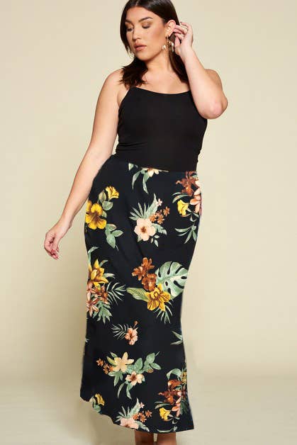 Black/Yellow Tropical Mermaid Maxi Skirt