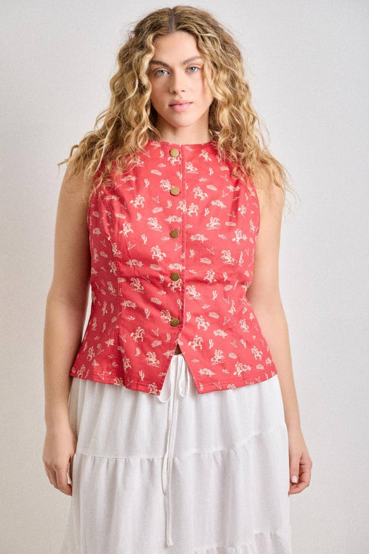 Baevely by Wellmade USA - Western Print Button-Front Vest Top