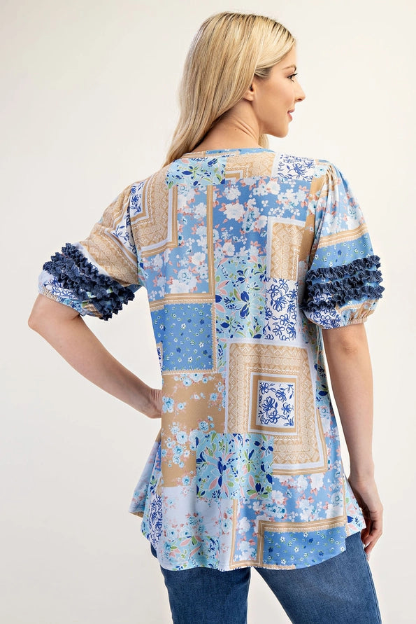 Blue Floral Patchwork with Ruffle Sleeve Accents