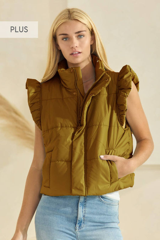 Oddi - Golden Olive Puffer Vest with Shoulder Ruffle