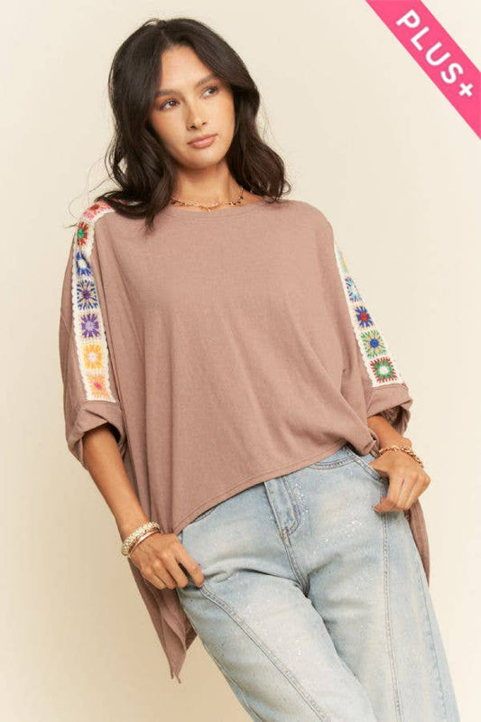 Davi & Dani - Mocha Boho Dolman Top w/Crochet Trim
