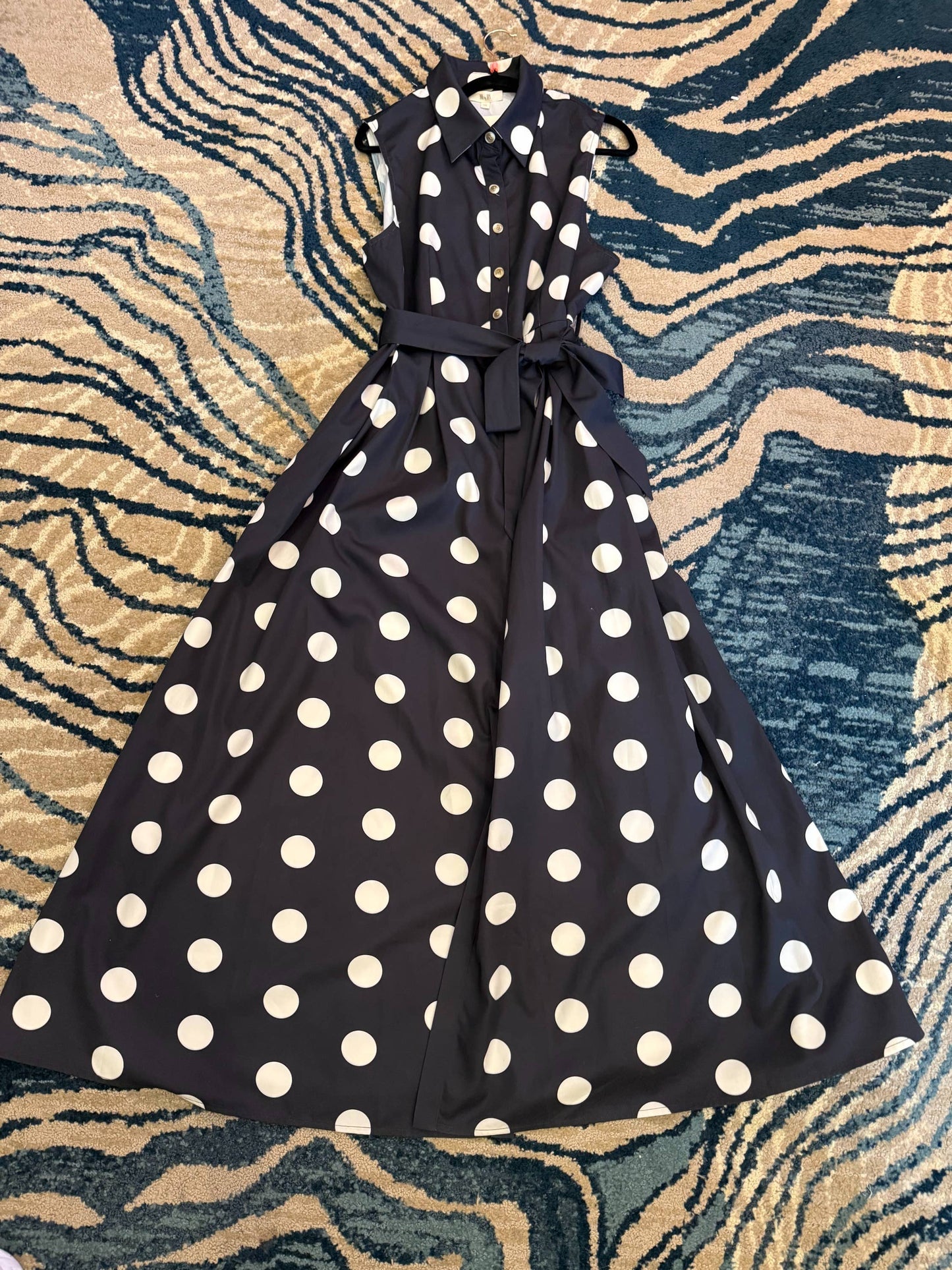 BLACK-POLKA DOT BUTTON DOWN BELTED SLEEVELESS SHIRT DRESS