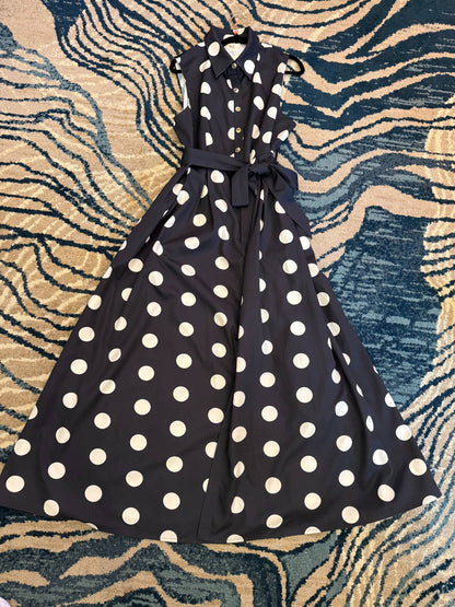 BLACK-POLKA DOT BUTTON DOWN BELTED SLEEVELESS SHIRT DRESS