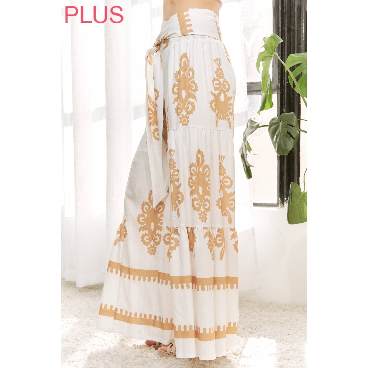 CURVY CHIC BOHO SELF BELTED WIDE LEG PANTS
