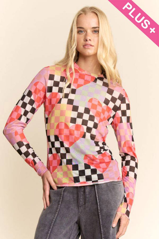 Davi & Dani - CHECKERED HEART MESH LONG SLEEVE TOP