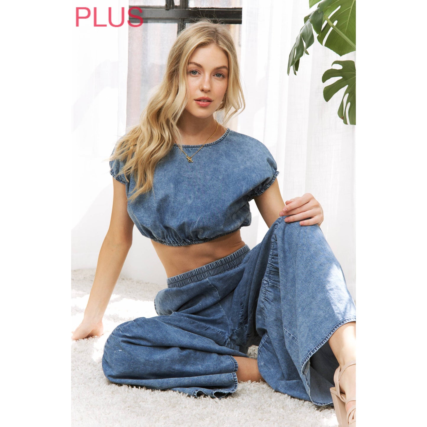 Sweet Generis -  CHIC DENIM ELASTIC WAIST BAND WIDE LEG FLARED PANTS