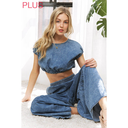 Sweet Generis -  CHIC DENIM ELASTIC WAIST BAND WIDE LEG FLARED PANTS
