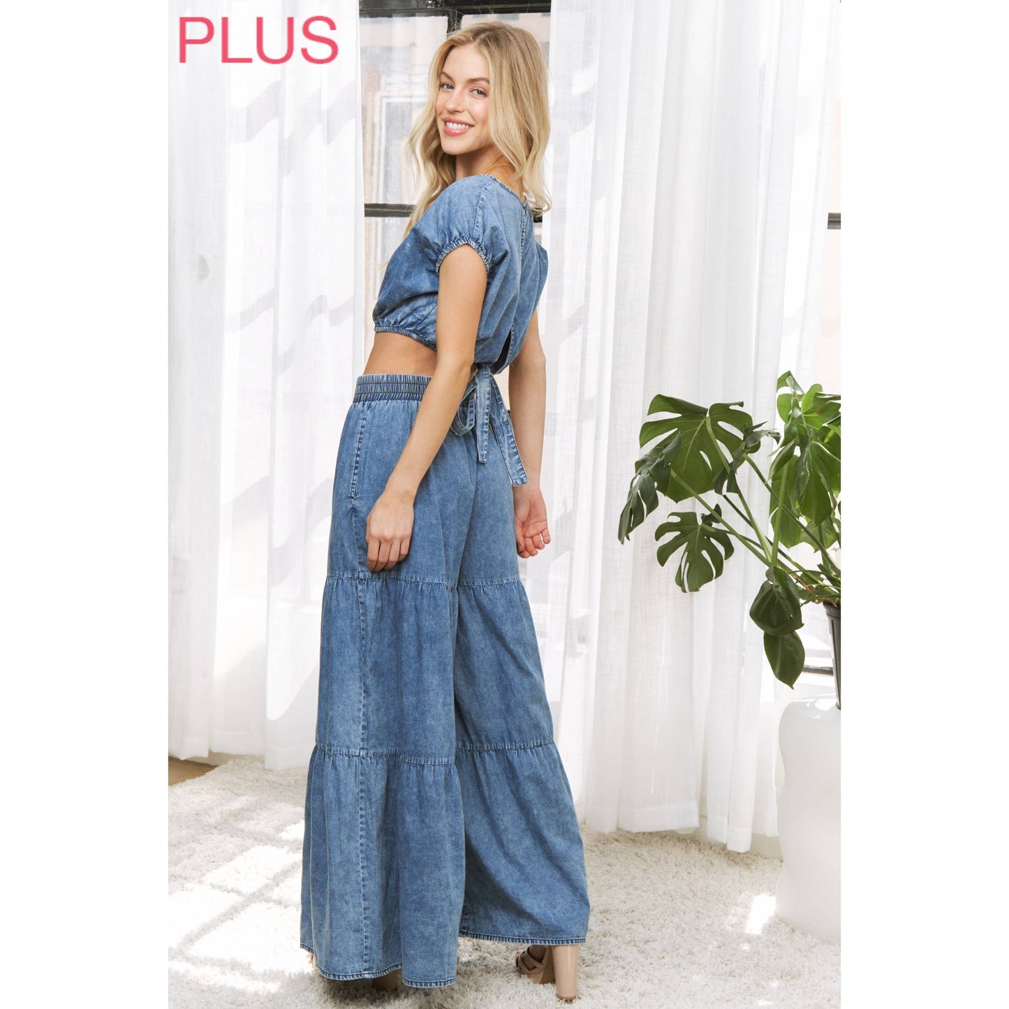 Sweet Generis -  CHIC DENIM ELASTIC WAIST BAND WIDE LEG FLARED PANTS