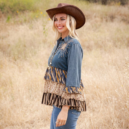 Young Threads - Vintage Boho Denim Yoke Patchwork Tiered Tunic Top  NEW