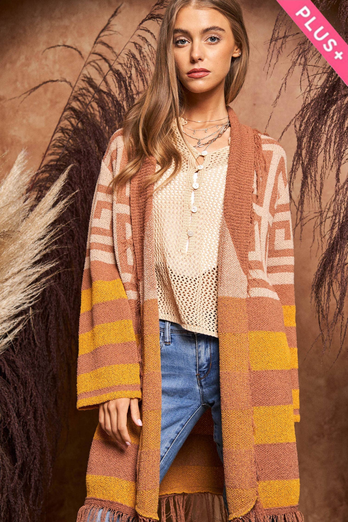FRINGE GEOMETRIC STRIPE CARDIGAN