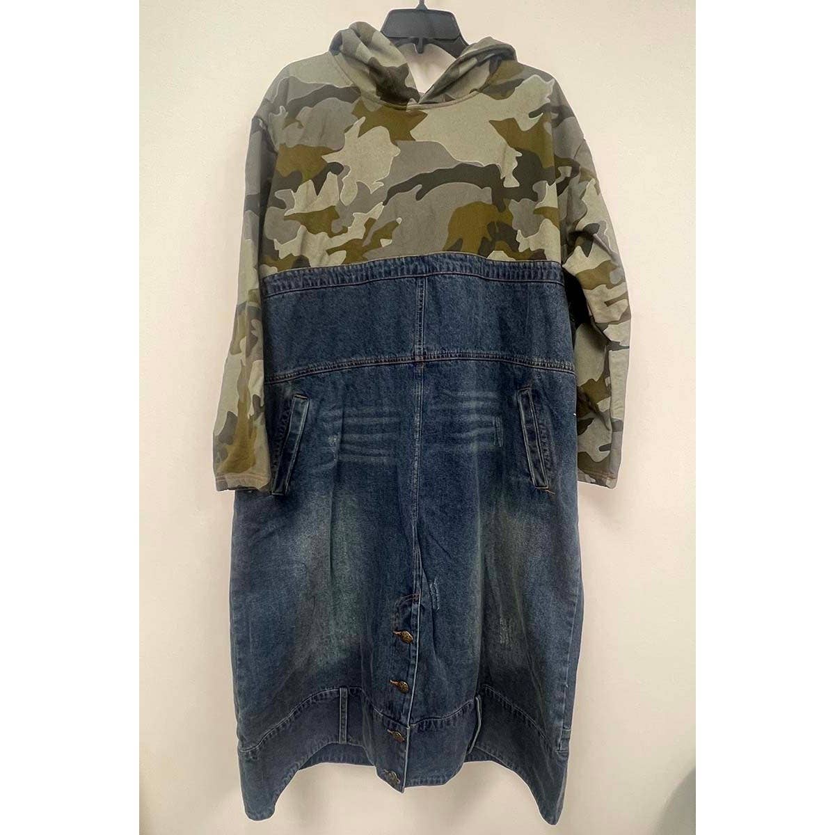Oversized Camo And Denim Patchwork Hoodie Dress