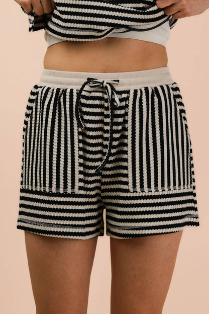 Black/Oatmeal Striped Comfy Knit Top & Shorts Set