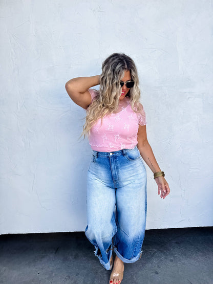 BLAKELEY - PINK ALLE SHORT SLEEVE LACE TOP