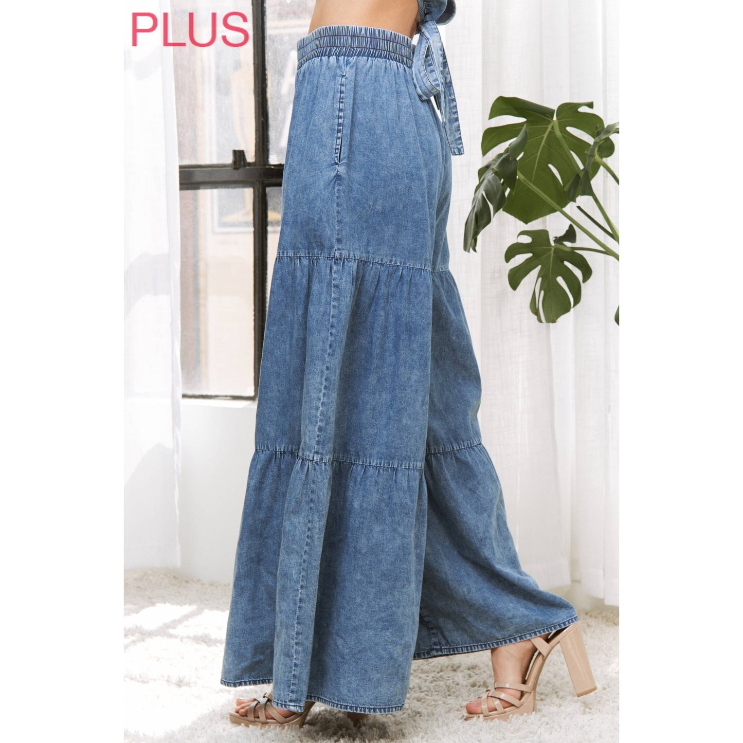 Sweet Generis -  CHIC DENIM ELASTIC WAIST BAND WIDE LEG FLARED PANTS