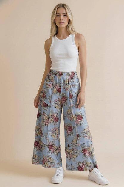 Light Blue Wide Leg Vintage Floral Pant