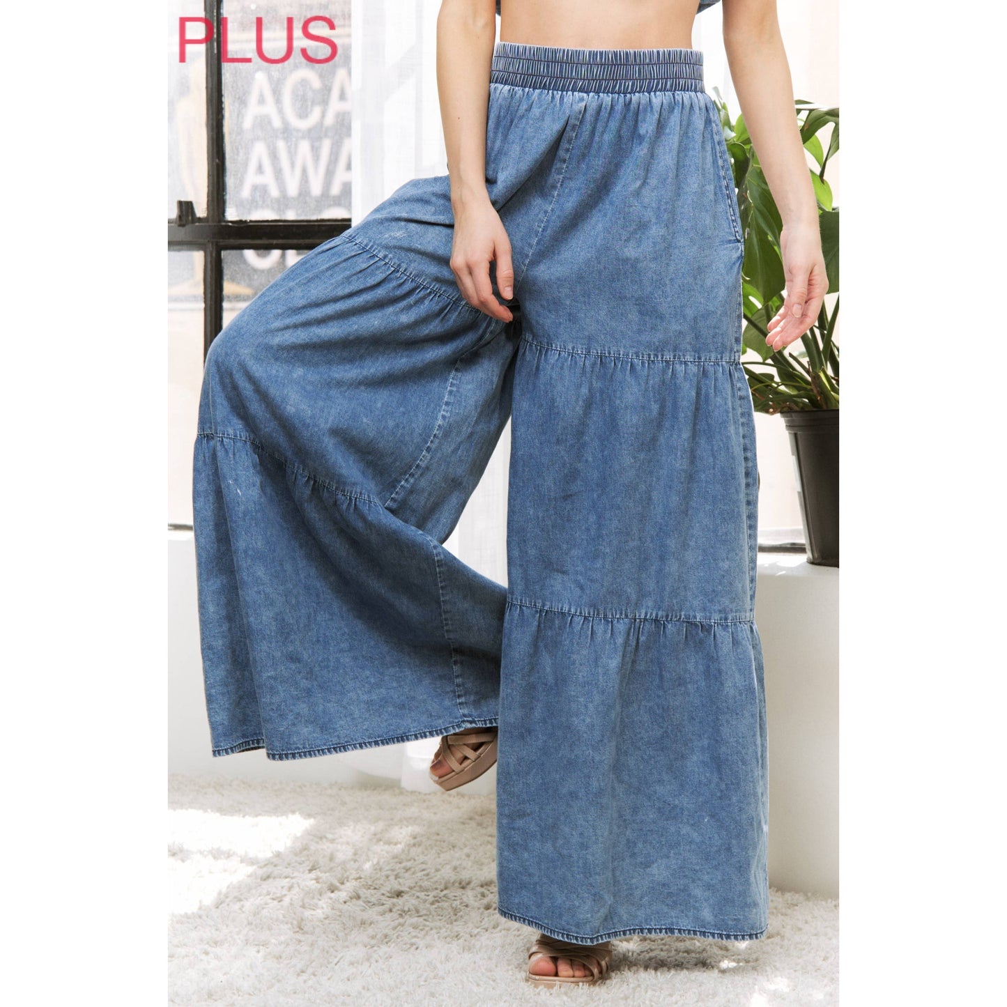 Sweet Generis -  CHIC DENIM ELASTIC WAIST BAND WIDE LEG FLARED PANTS
