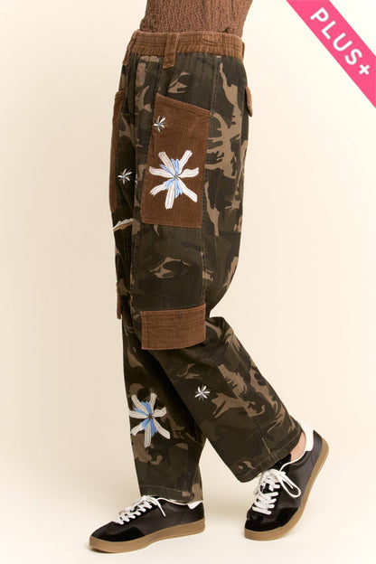 Davi & Dani - Plus - Camo Floral Embroidered Patch Pocket Pants