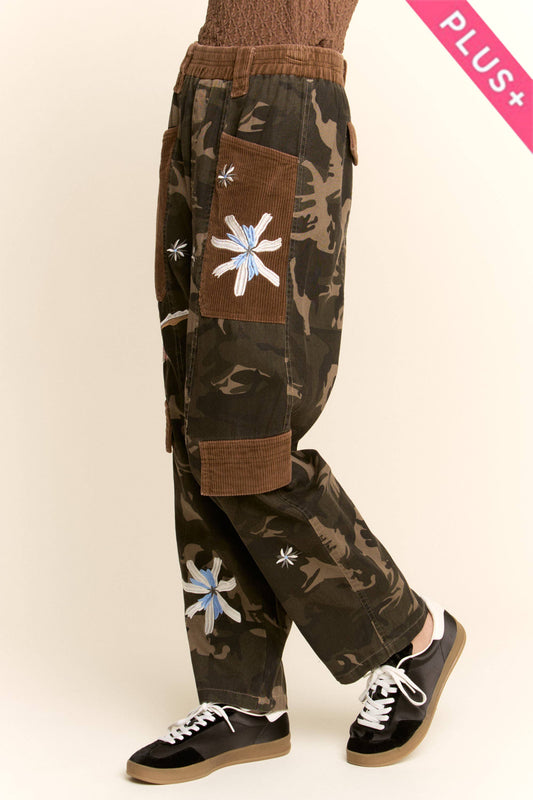 Davi & Dani - Plus - Camo Floral Embroidered Patch Pocket Pants