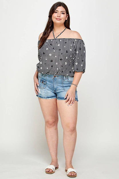 Black -The Curvy Checkered Off The Shoulder Top -